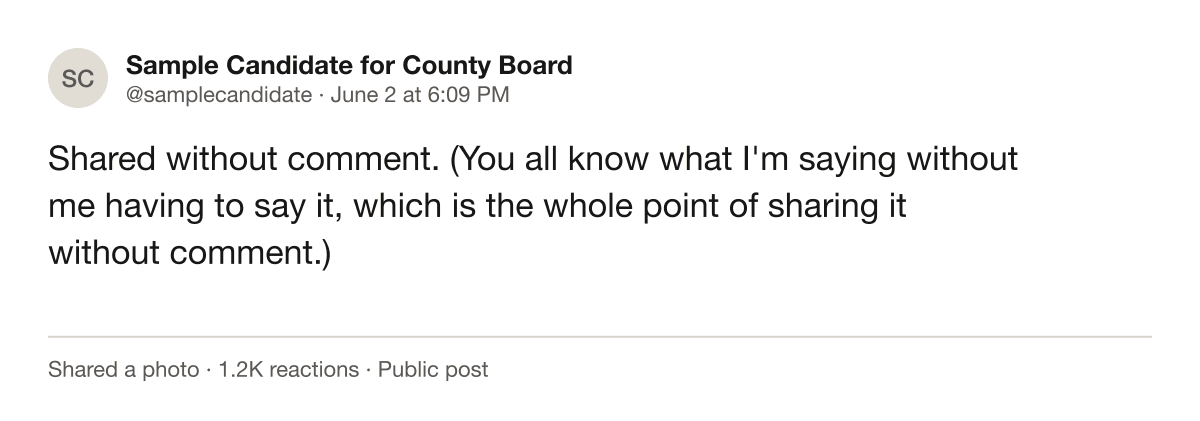 Screenshot of a public post from an account named Sample Candidate for County Board sharing a meme about immigration, later deleted.