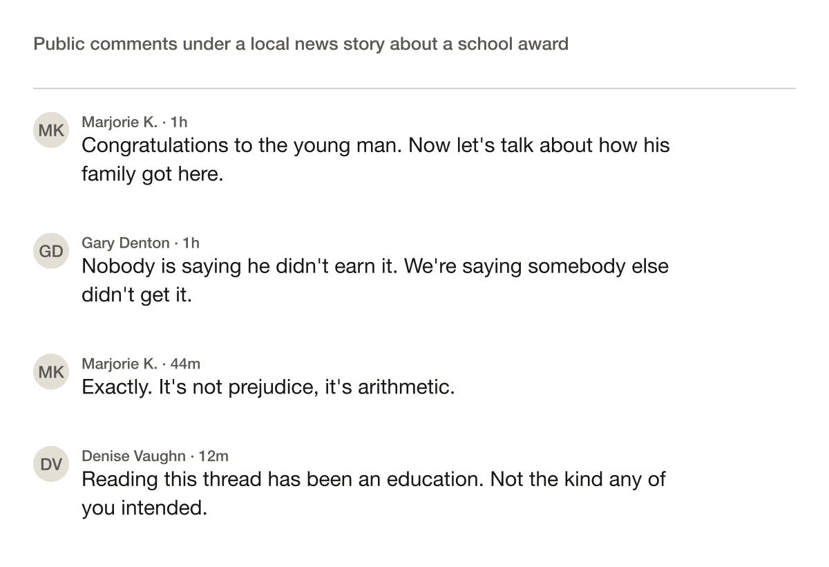 Screenshot of four public comments beneath a local news article, each escalating in hostility toward a family in the story.