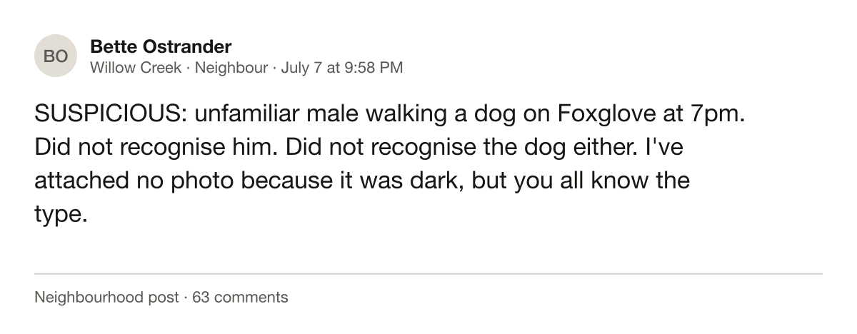 Screenshot of a public neighbourhood app post describing an unfamiliar person walking a dog as suspicious.