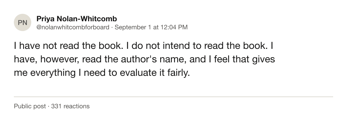 Screenshot of a public post from a school board candidate account objecting to a reading list.