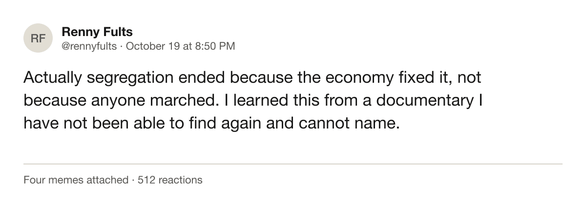 Screenshot of a public post asserting an invented historical fact with total confidence.