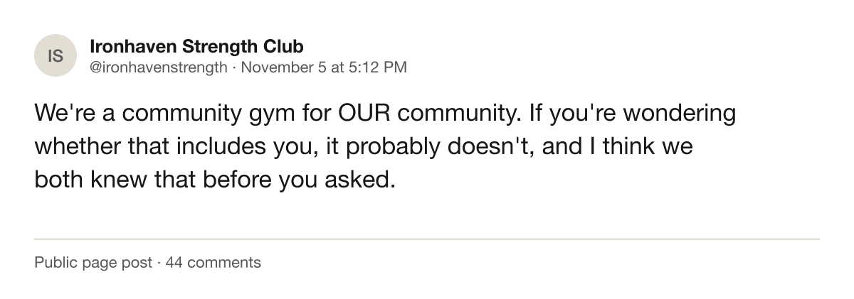 Screenshot of a public gym account post about which members are welcome.