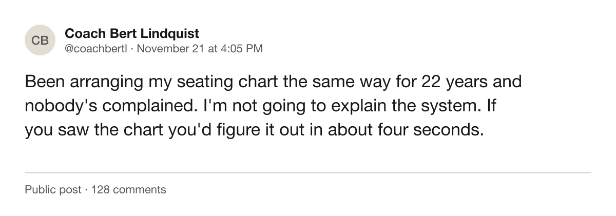 Screenshot of a public post from an account describing how a classroom seating chart was arranged.