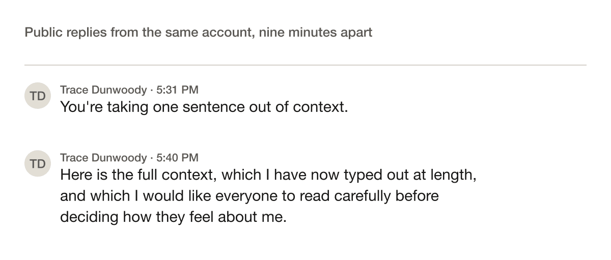 Screenshot of two public replies from the same account, the second one worse than the first.